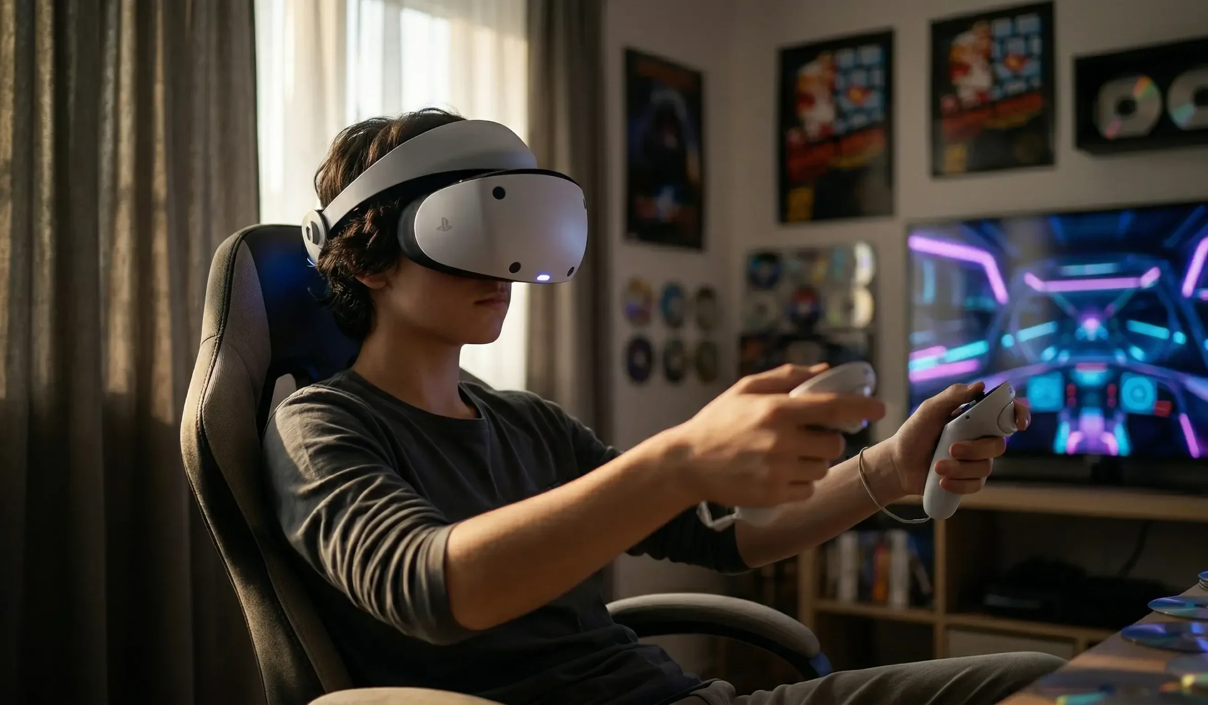 Fiatal srác PlayStation VR szemüvegben játszik a szobájában
