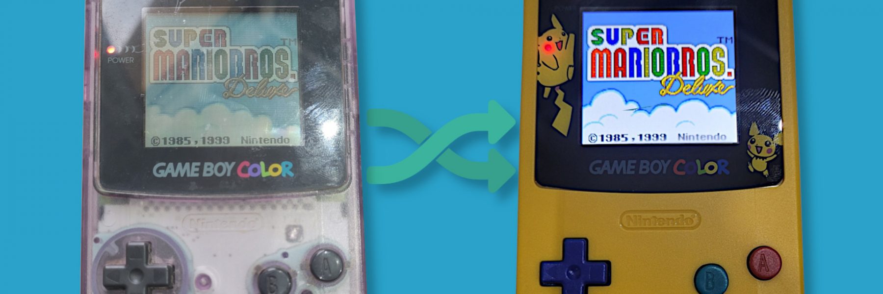 Gyári sötét kijelzős és egy modern IPS kijelzővel moddolt Game Boy Color összehasonlítása