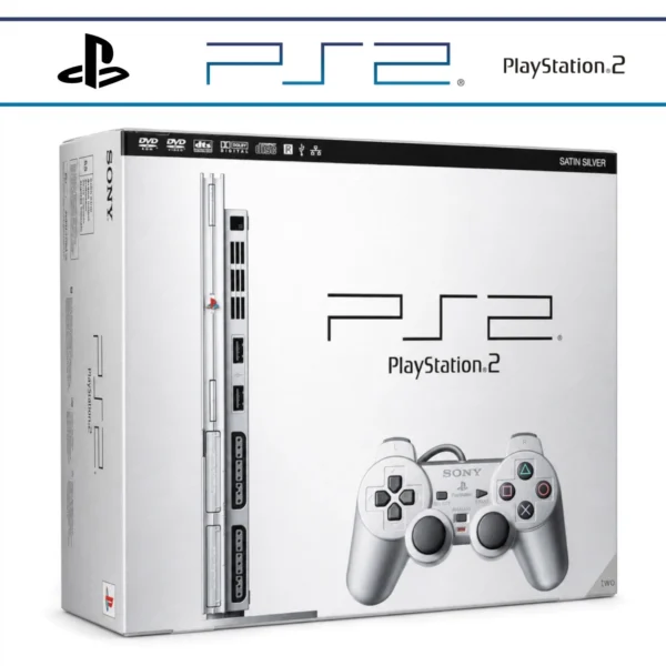 s-l1600 (3) Sony PlayStation 2 (PS2) Slim Konzol – Satin Silver Ezüst – dobozos (használt)